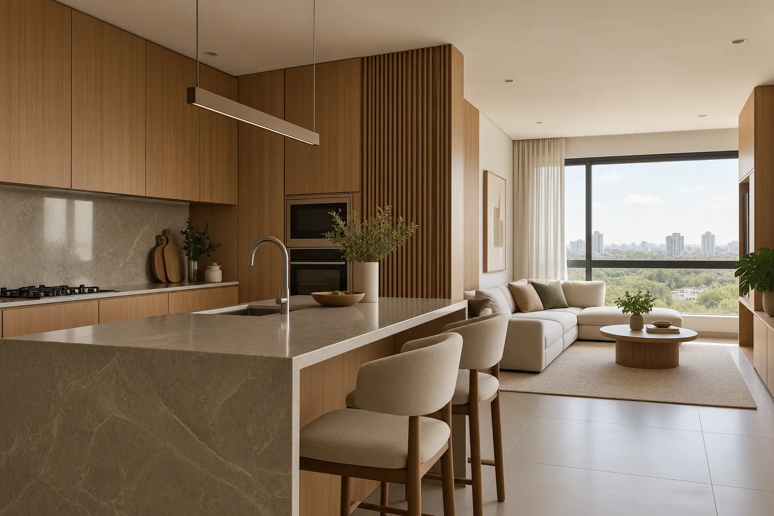 Cozinha integrada ao living com painel ripado em carvalho, ilha em pedra e porta sem puxador, marcenaria sob medida