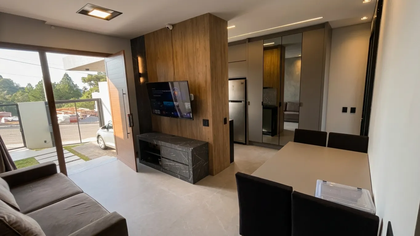 Sala de estar da Casa SG com painel ripado em carvalho, sofá e home office embutido na marcenaria